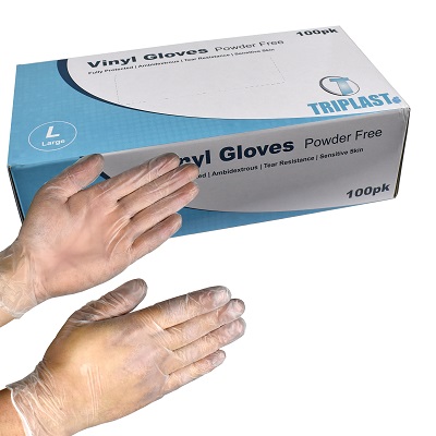 100 x Strong Clear Vinyl Powder Free Disposable Gloves - Large Size